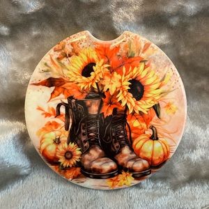 Set of 2 ceramic car coasters- boots and sunflowers